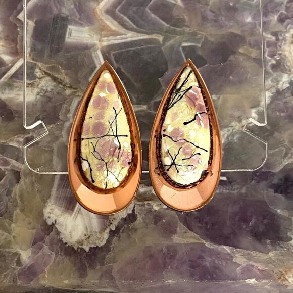 VTG Signed Renoir Matisse Copper Modernist Enamel Teardrop Clip On Earrings - Picture 11 of 16